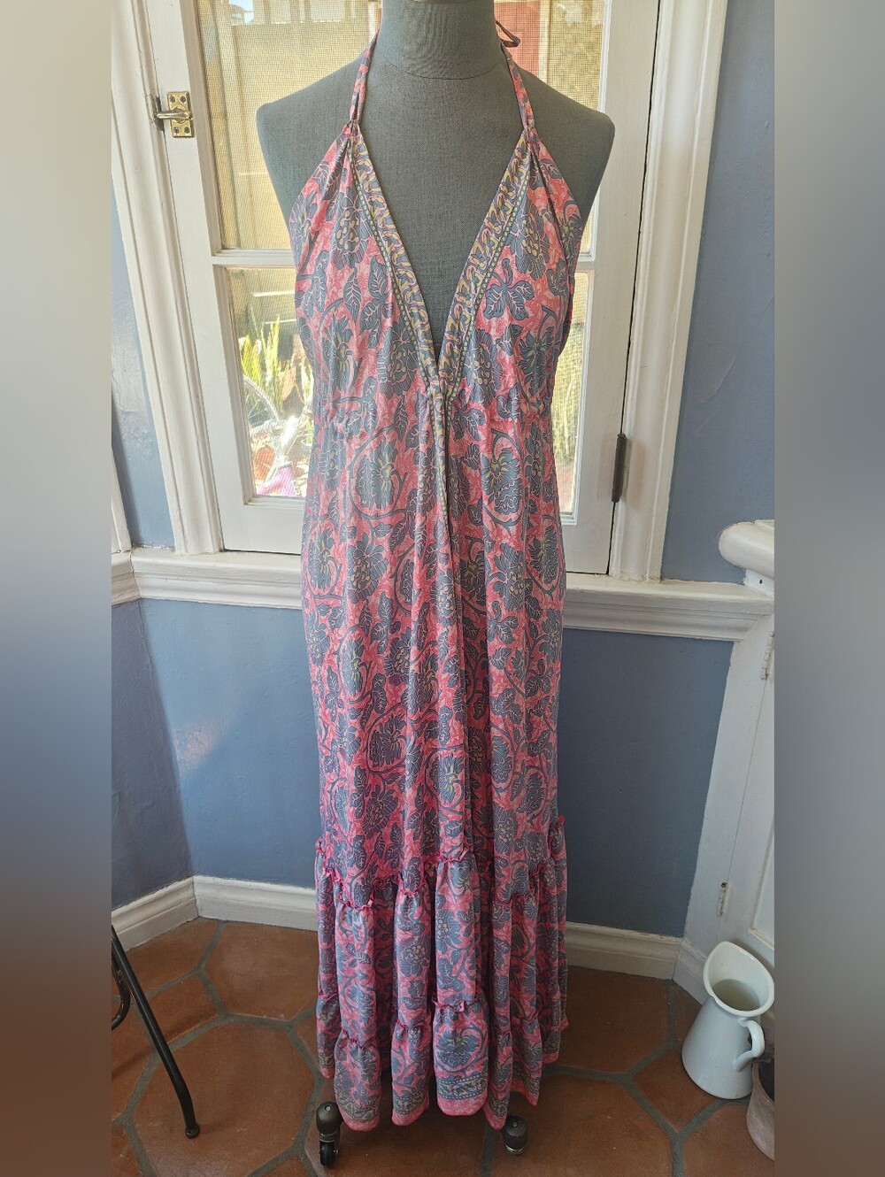 Halter Maxi Dress in Pink and Gray - Boho Paisley Print